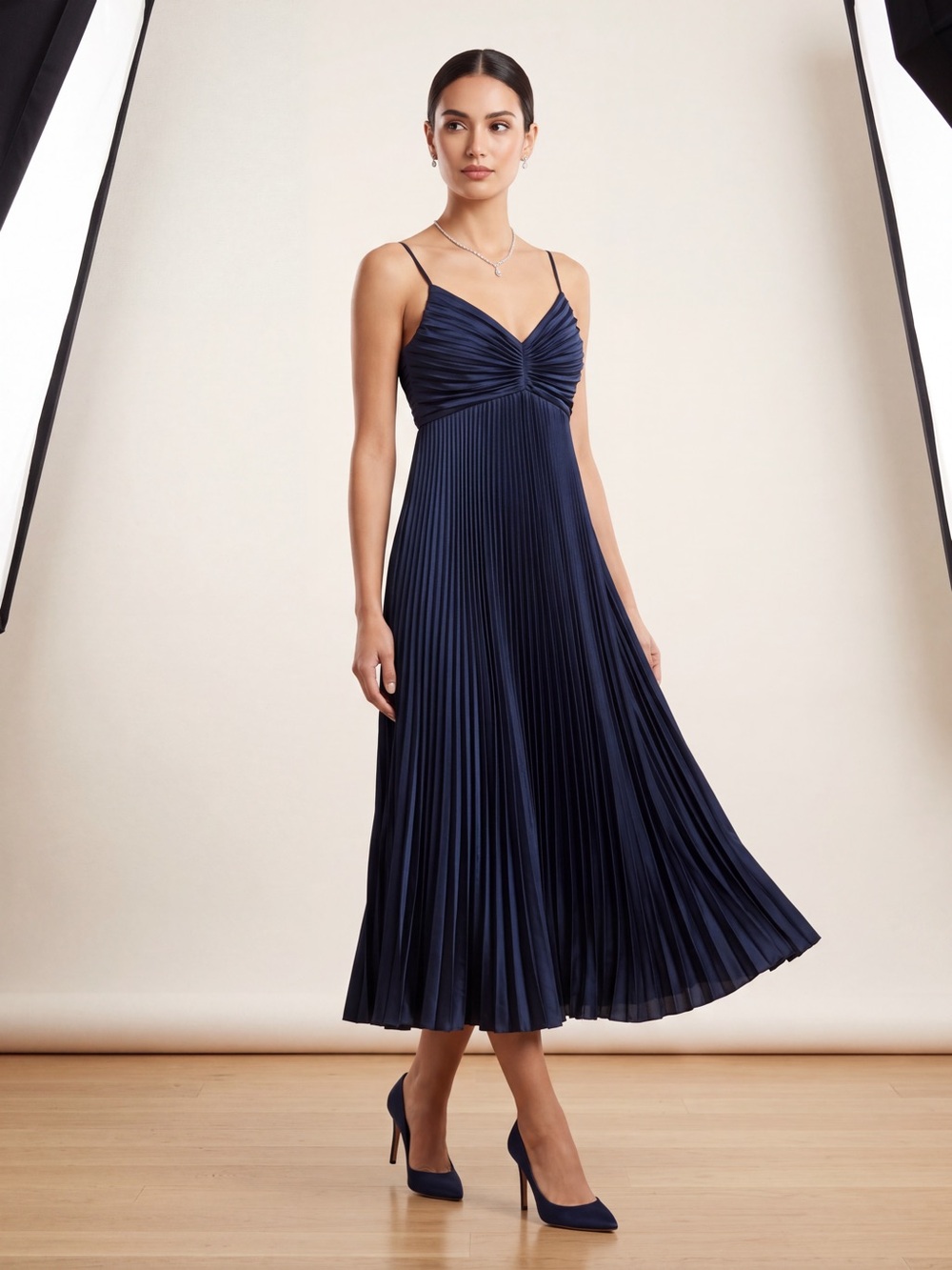 Likely Black Pleated Midi Dress with Spaghetti Straps Size 6